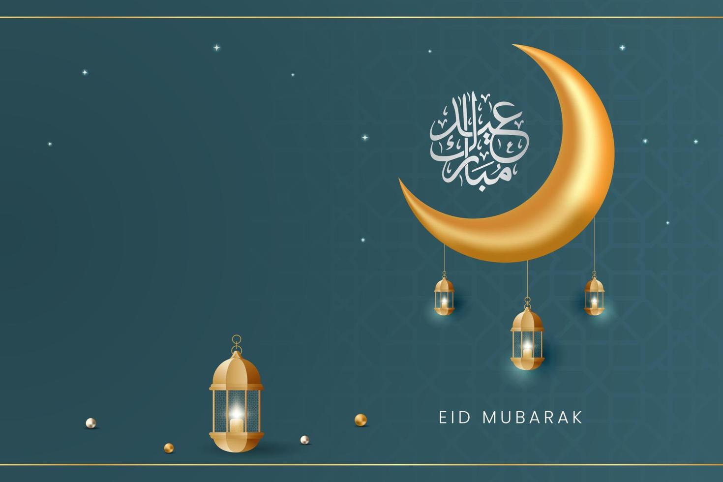 Eid al fitr mubarak greeting card illustration with calligraphy moon and lamp on green background vector