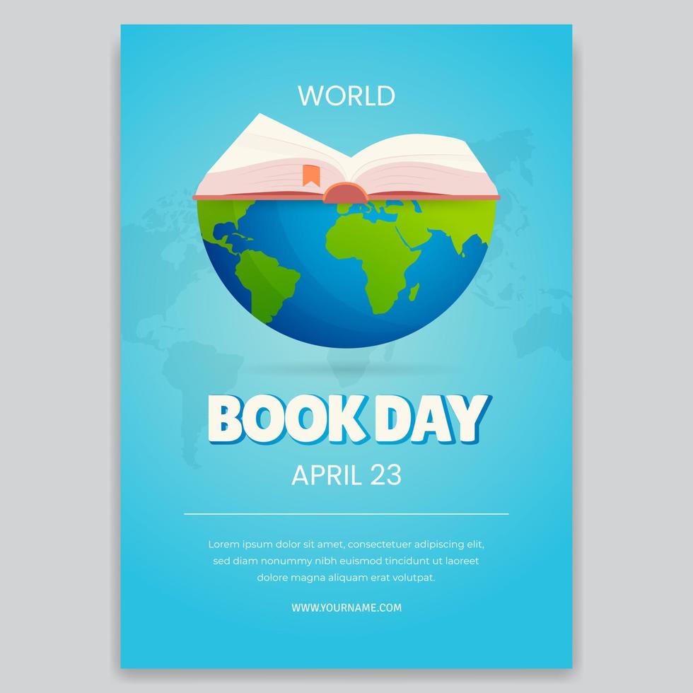 World book day April 23 flyer with opened book and globe illustration vector