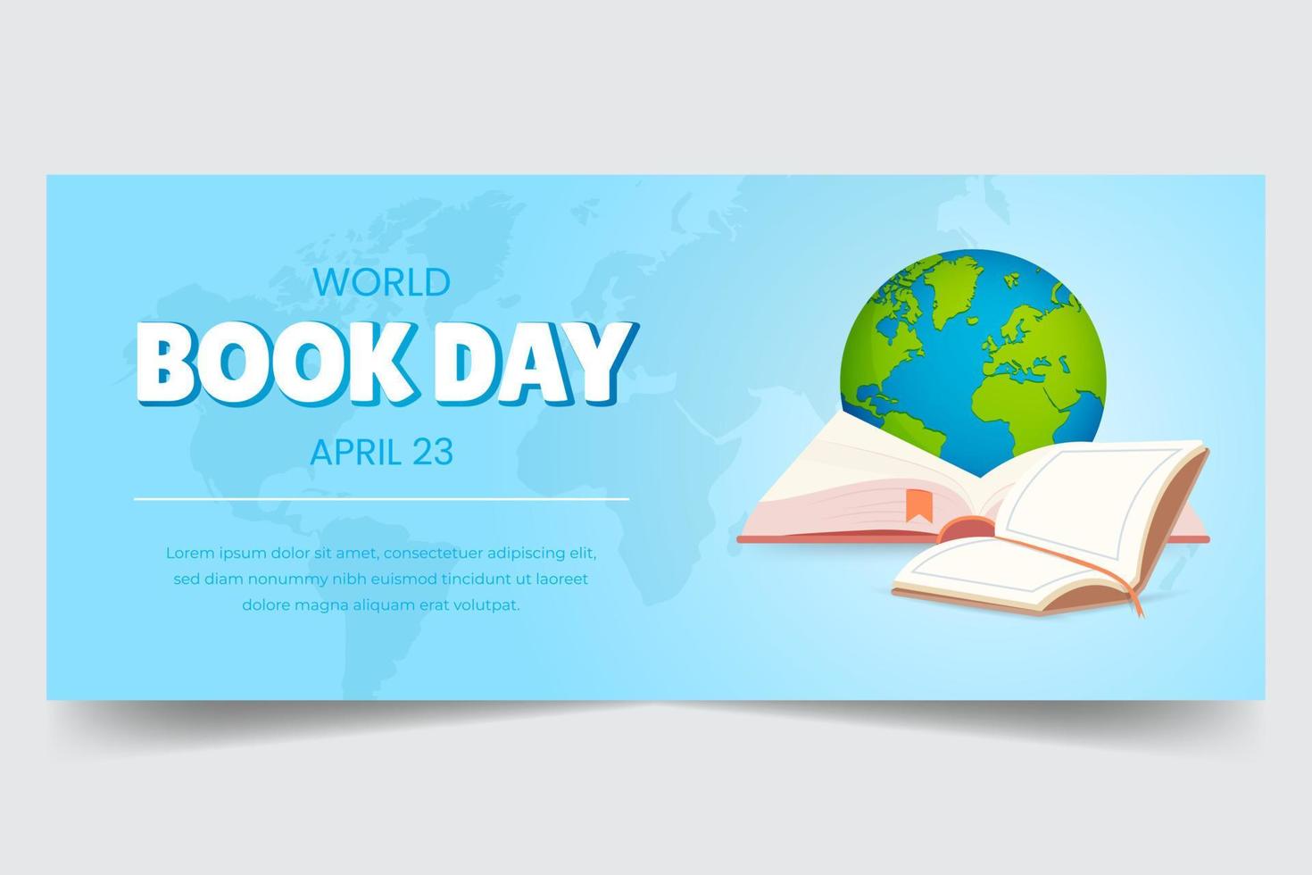 Happy world book day April 22nd horizontal banner with books and globe illustration vector