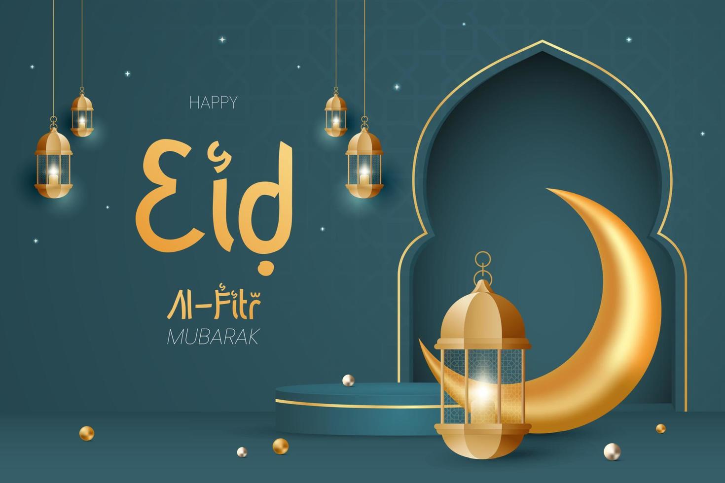 Eid Al Fitr mubarak banner with 3D ellements illustration design vector