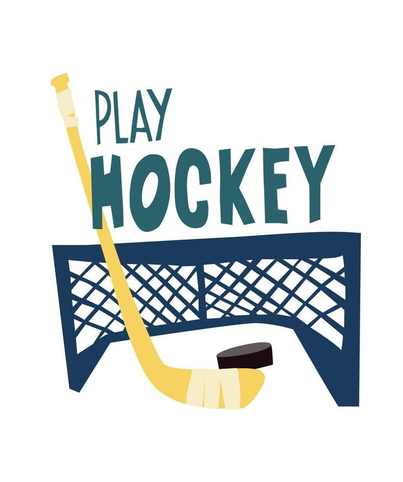Play ice hockey text and hockey equipment. vector