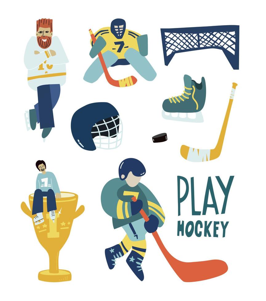 hielo hockey elementos y equipo. ich hockey jugador con palo y disco. garabatear plano elementos vector