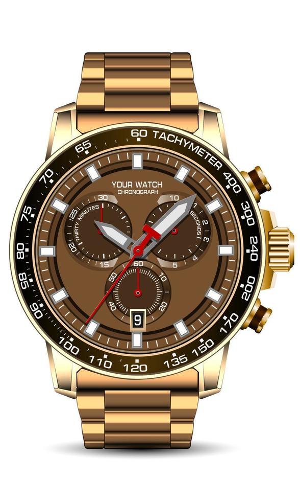 Realistic gold brown clock watch chronograph face strap on white background design modern luxury for men fashion vector