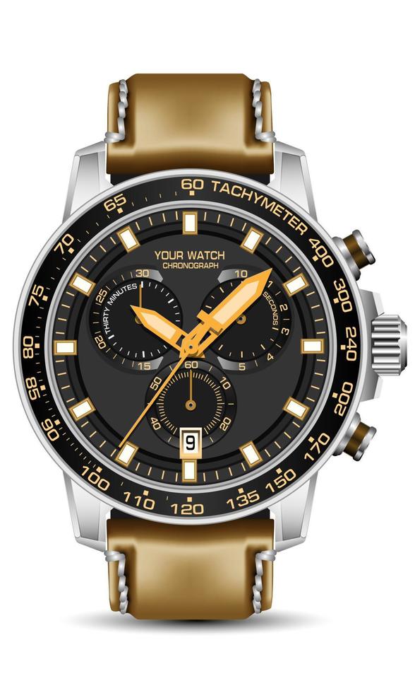 realista plata negro reloj cronógrafo amarillo cara cuero Correa en blanco diseño de fondo para hombres Moda vector