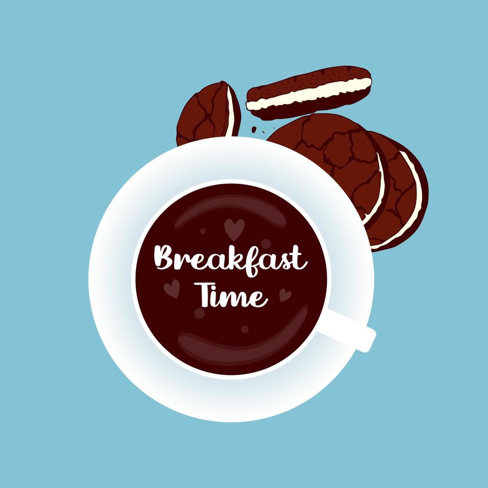 Breakfast time banner , chocolate cookie, cup coffe , blue background. vector