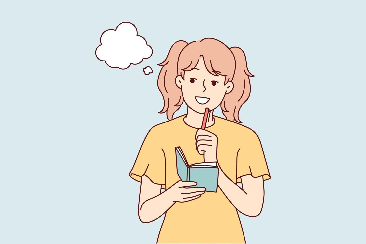Smiling girl take notes in notebook make plans or dreams. Happy child handwrite in notepad brainstorming or daydreaming. Vector illustration.