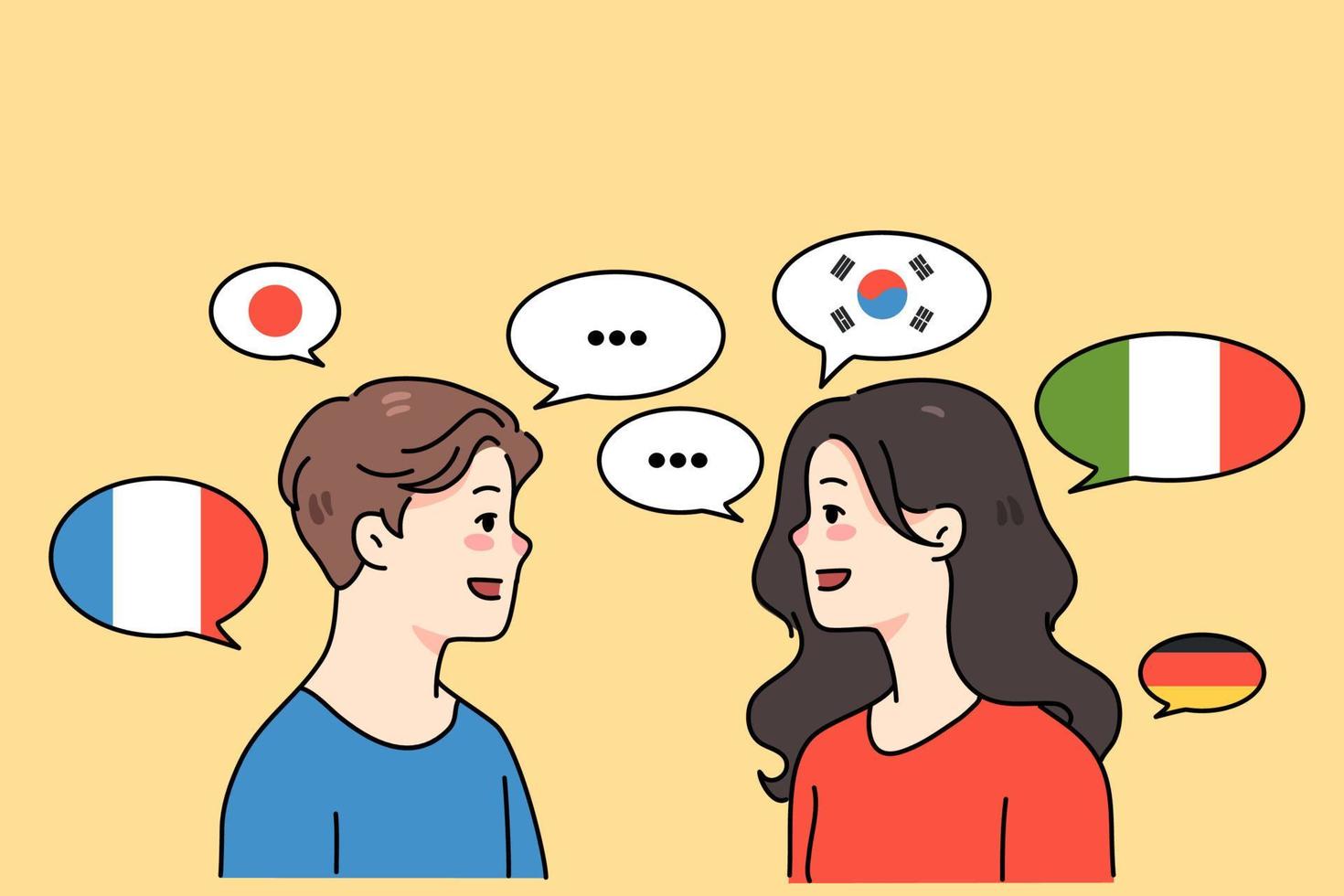 Diverse people talk in different languages. Smiling multiethnic man and woman speak communicate. Multicultural friends communication concept. Learning and education. Vector illustration.