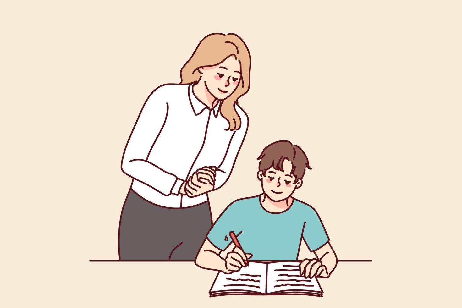 Teacher control boy child writing in notebook. Female tutor look at kid handwrite in classroom. School education concept. Vector illustration.