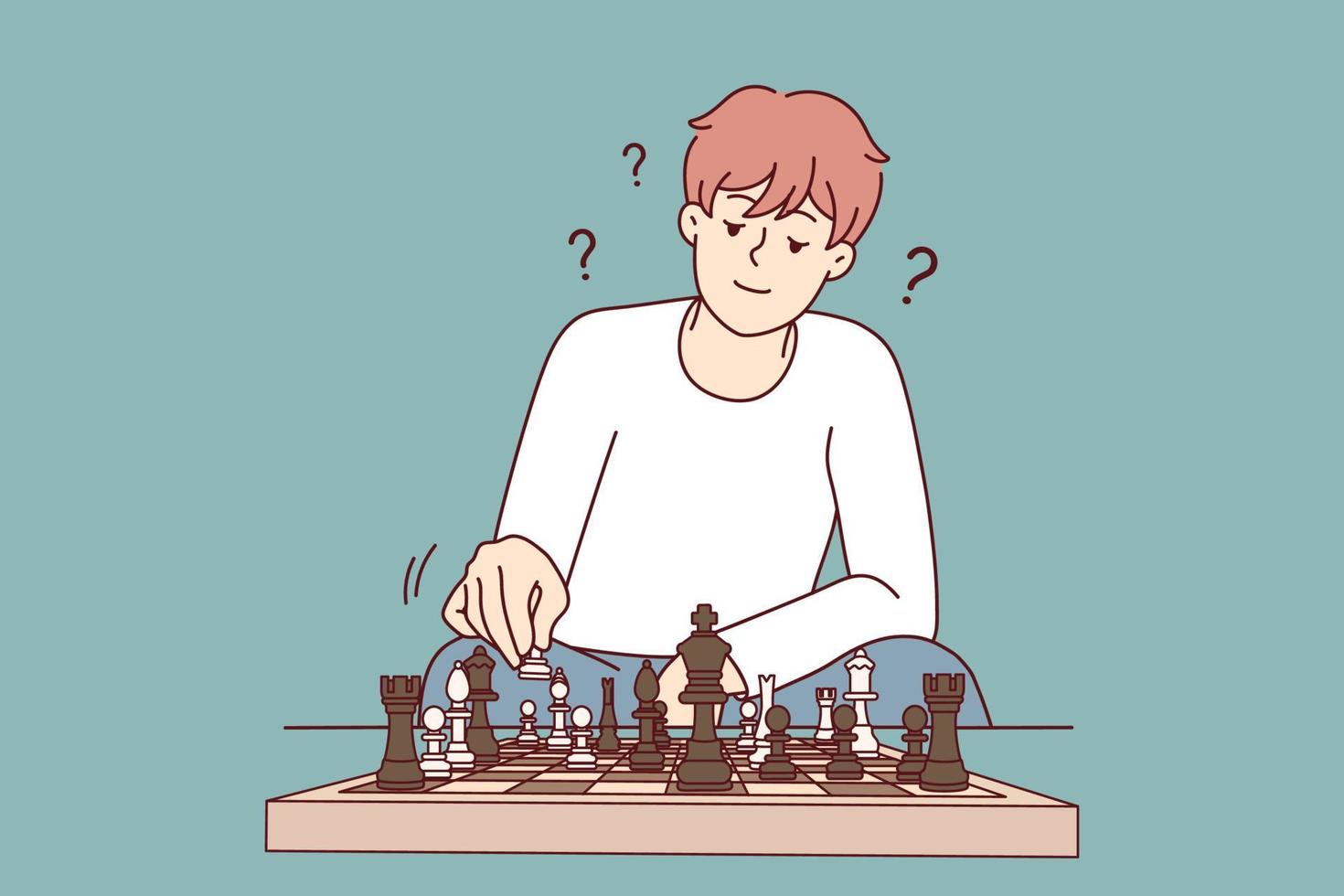 Young man feel frustrated think playing chess at home. Millennial guy involved in game on chessboard. Hobby concept. Vector illustration.