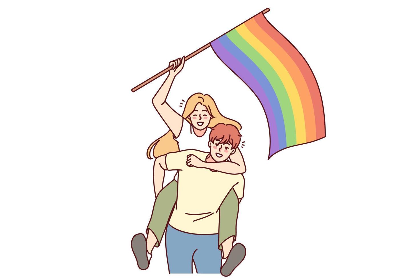 Happy couple with LGBT flag. Smiling man and woman showing support on pride parade. Homosexuality and love freedom. Vector illustration.