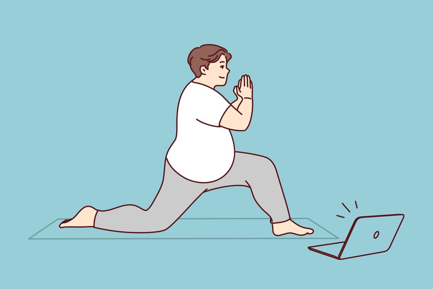 Fat man in sportswear training on mat with online video lesson on computer. Overweight male do sports exercise with classes on internet on laptop. Healthy life and weight loss. Vector illustration.