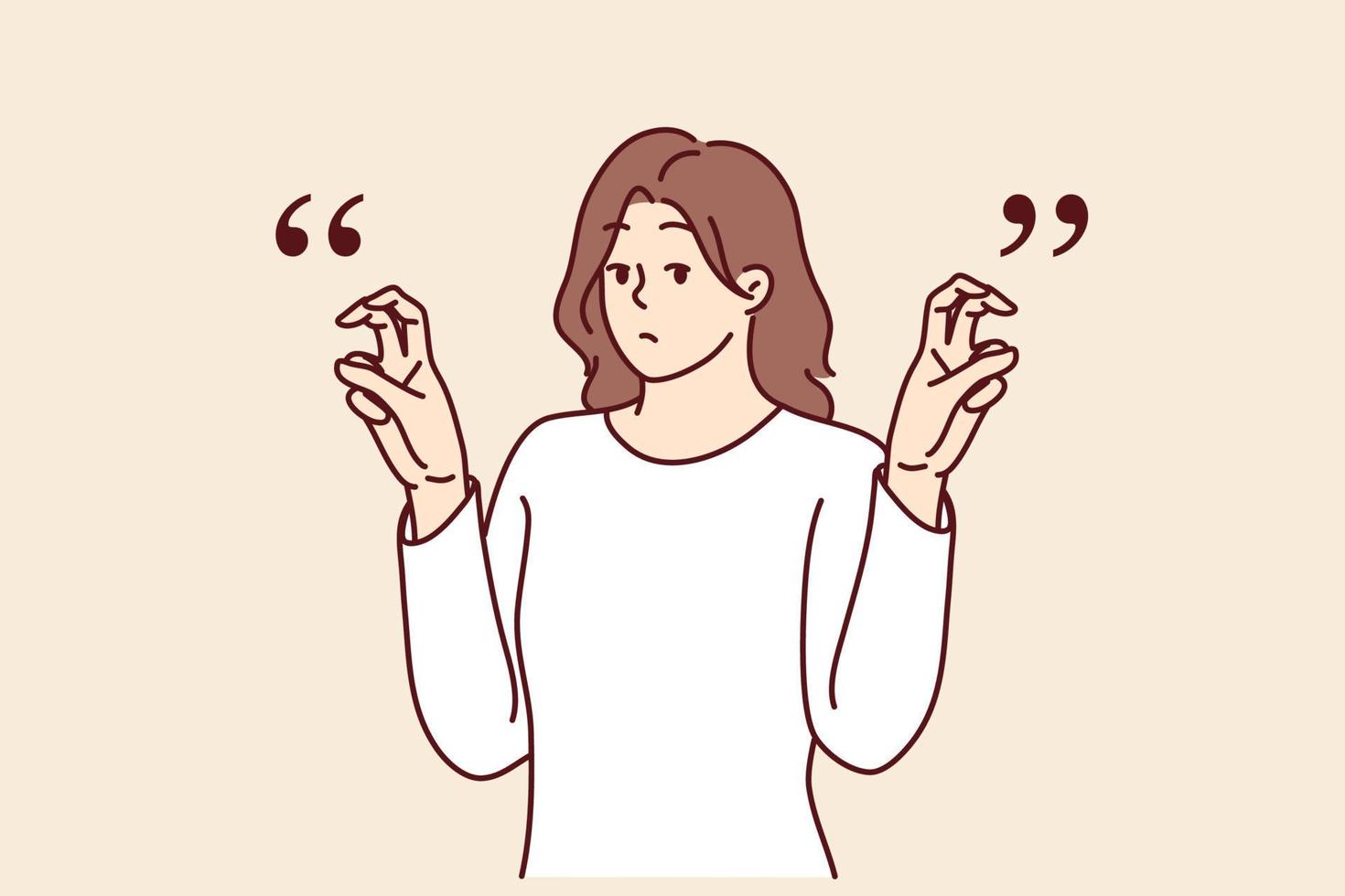 Young woman gesticulates with quotation marks with fingers while saying
