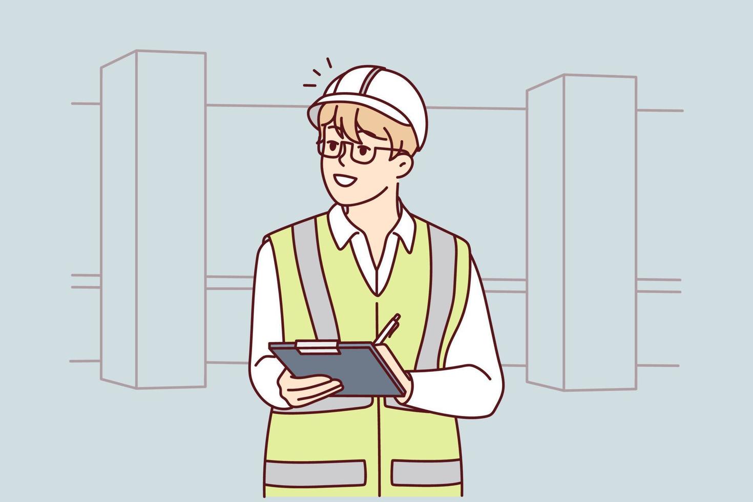 Male engineer in uniform and helmet on construction site. Man professional working at outdoor building workplace. Occupation. Vector illustration.