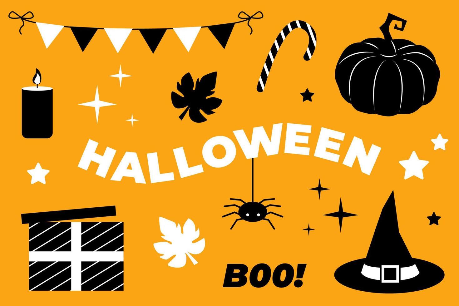 Halloween set. Vector illustration. Holiday elements and objects. Pumpkin, hat, gift box, spider, candle. Halloween text design.