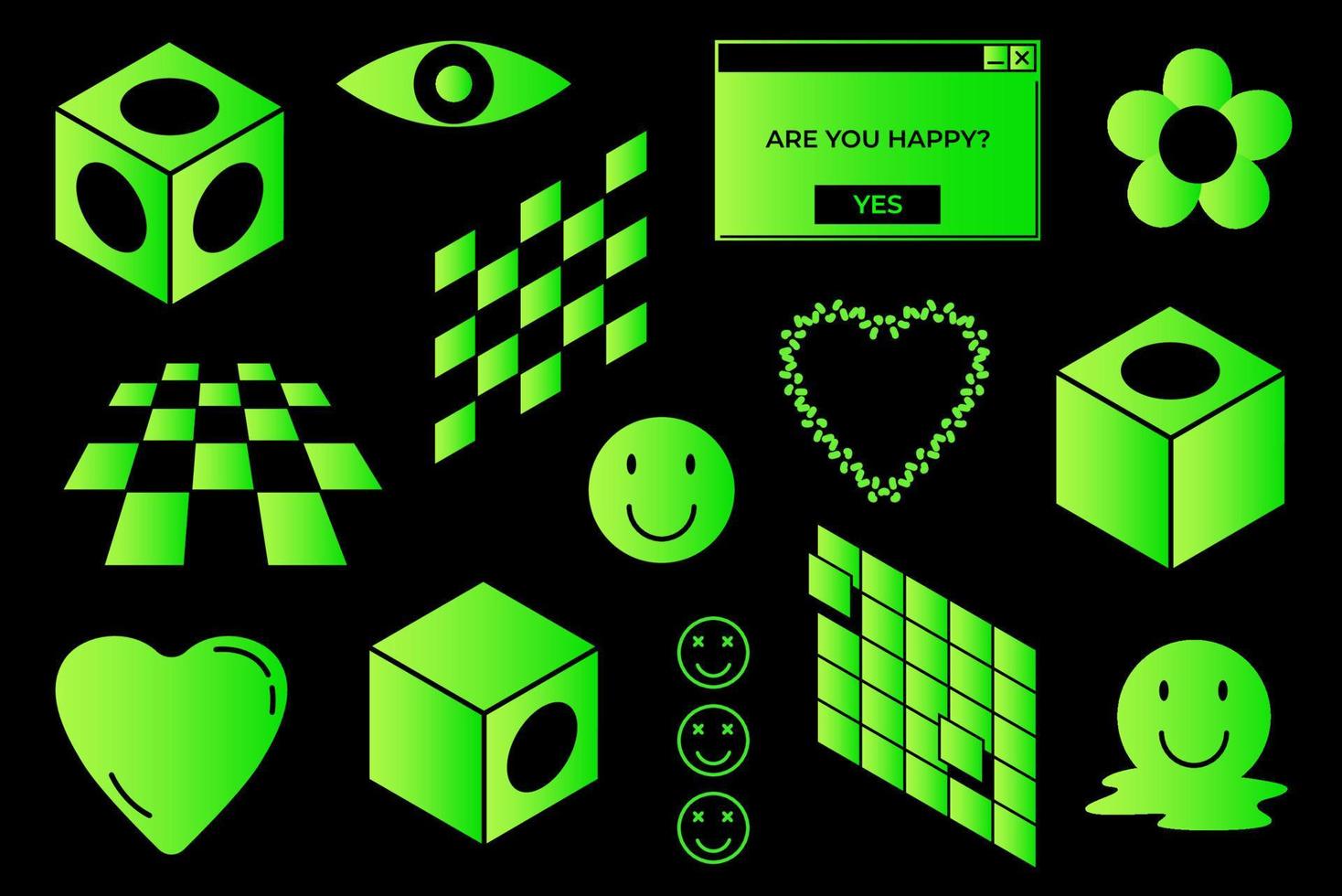 Retro futuristic set. Vector illustration of perspective grids, three-dimensional geometric shapes and smileys. Acid elements. Psychedelic design of 90s and 00s.