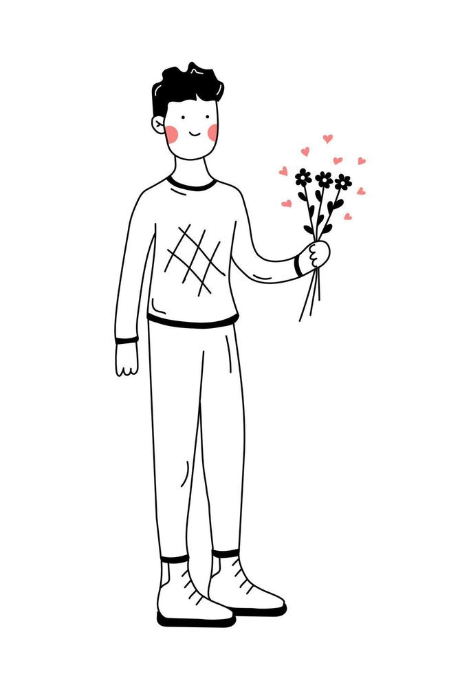 Guy is holding bouquet of flowers in his hand. Hand drawn sketch doodle style. Line scribble of young man vector illustration. Concept of romantic drawing expressing feelings.