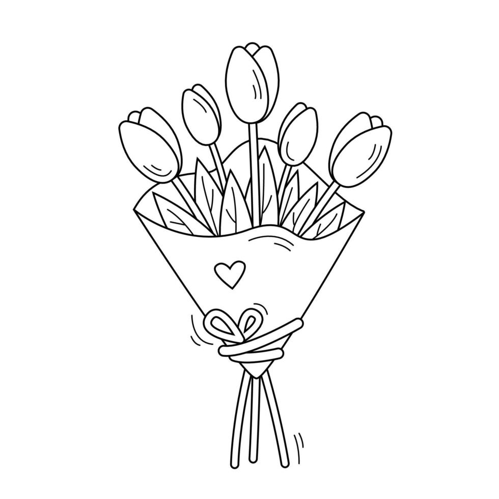 Bouquet of flowers. Vector outline illustration of tulips. Hand drawn sketch doodle style.