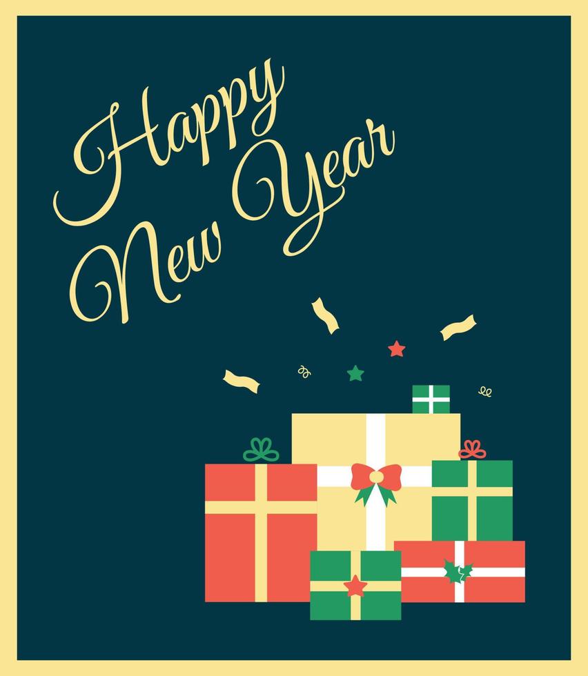 New Year greeting card. Vector illustration of holiday gift boxes. Happy New Year text design.