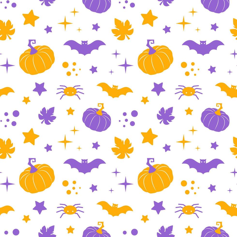 Halloween seamless pattern. Vector illustration of Holiday ornament with pumpkin, bat, spider. Packaging paper and textile design.