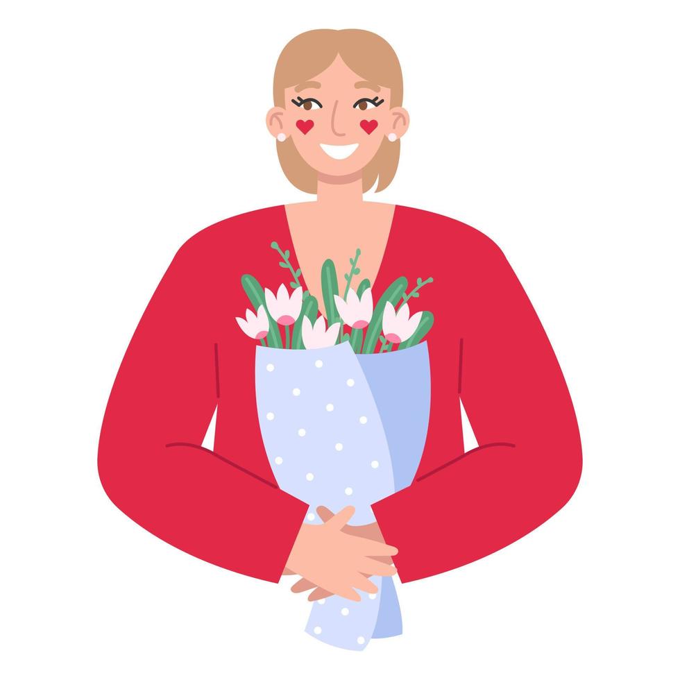 joven rubia mujer con un ramo de flores de flores San Valentín día o internacional De las mujeres día concepto. vector