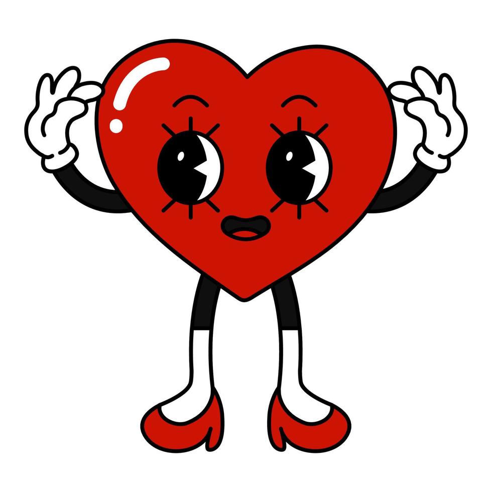 Heart character in retro cartoon style. Valentines day concept. Flat vector illustrations on white background.