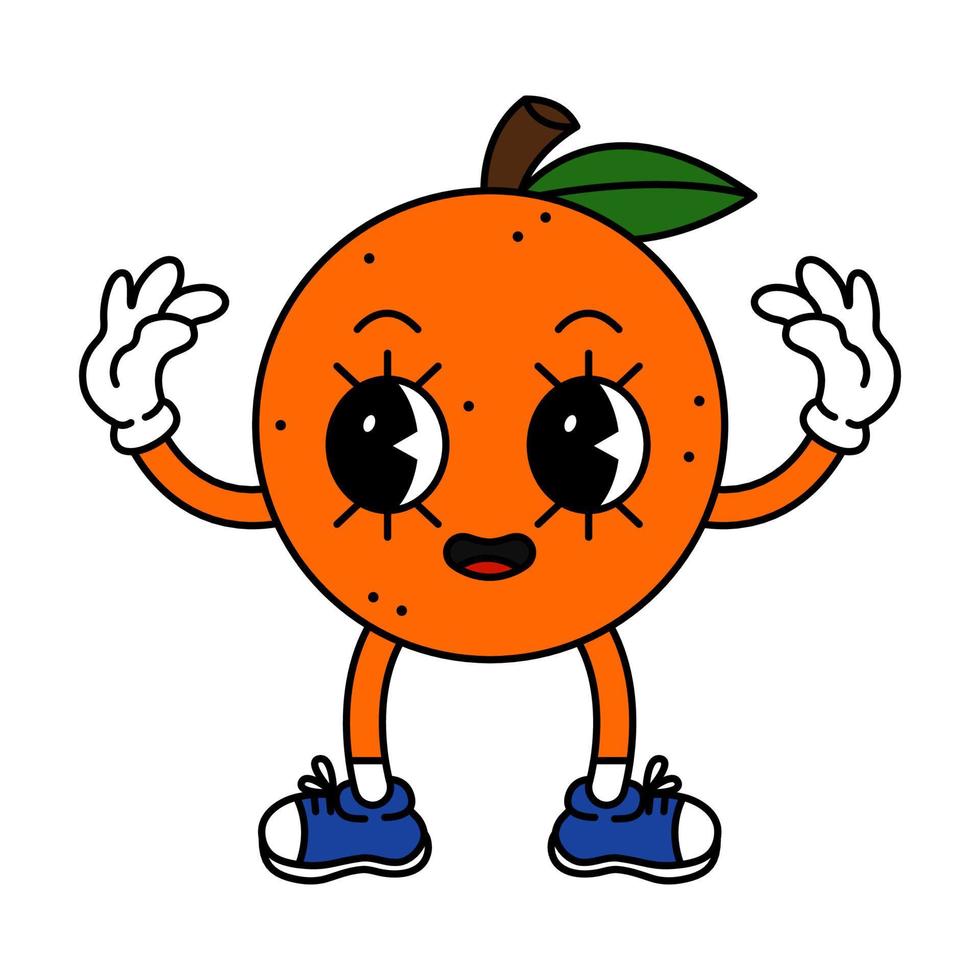 Funny fruit character in trendy retro cartoon style. Vector illustration of orange isolated on white background.