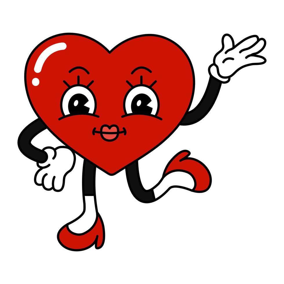 Heart character in retro cartoon style. Valentines day concept. Flat vector illustrations on white background.