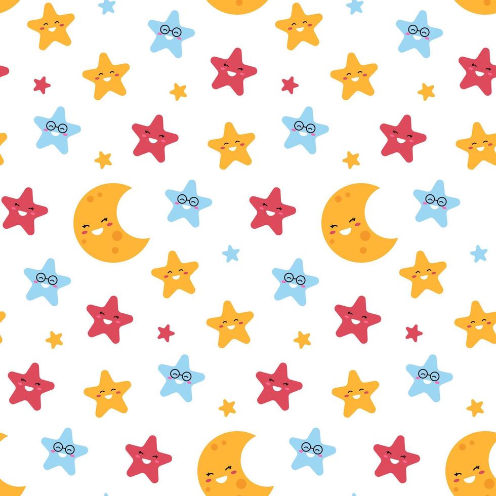 Seamless pattern with cute stars and moon on white background. vector