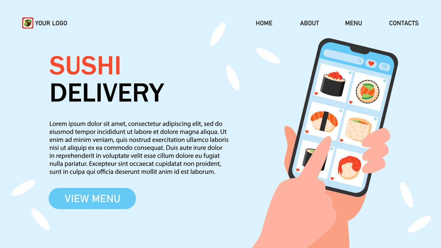 Order sushi online. Hands holding smartphone and choosing sushi. Asian restaurant with sushi delivery web banner. vector