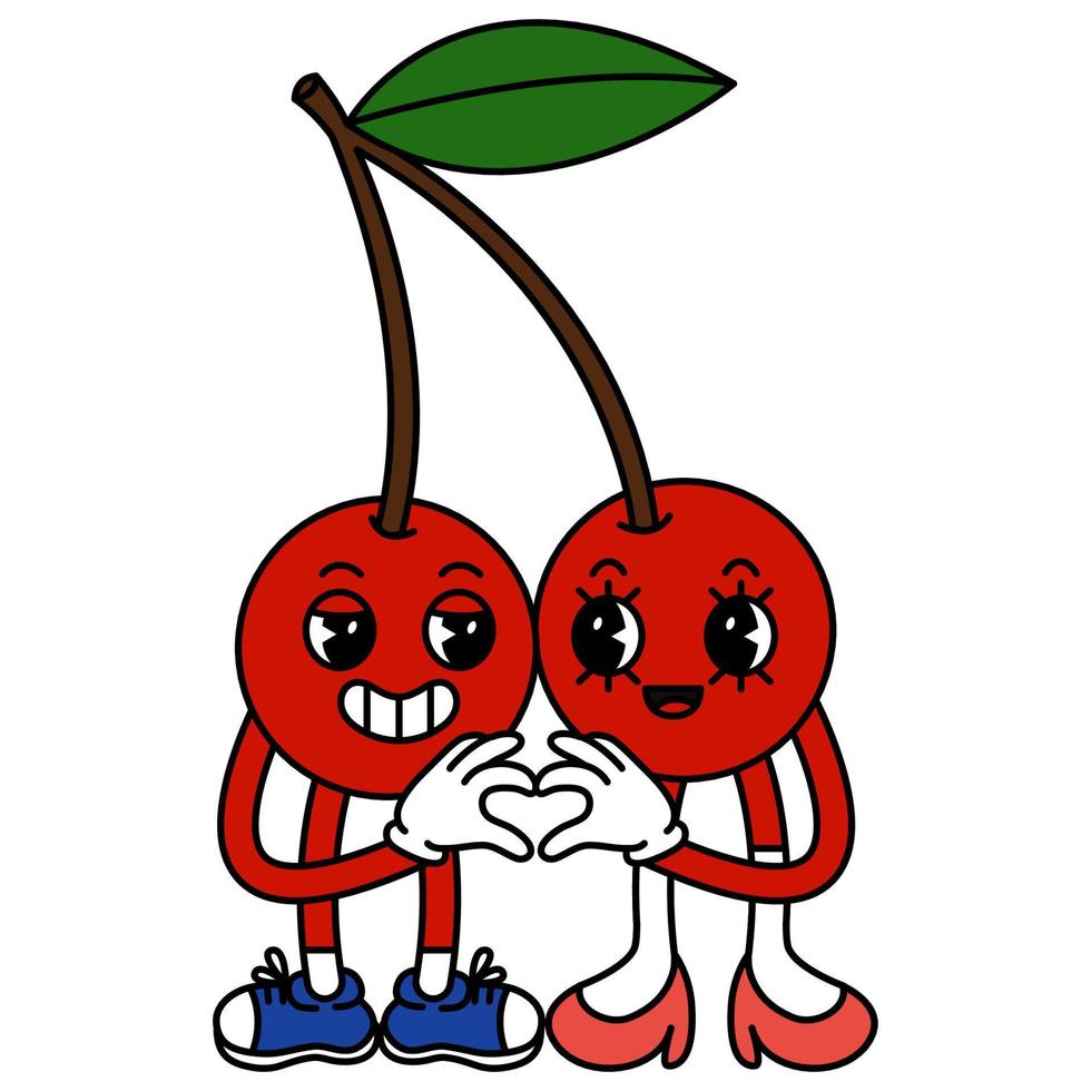 Funny fruit characters in trendy retro cartoon style. Vector illustration of cherry isolated on white background.