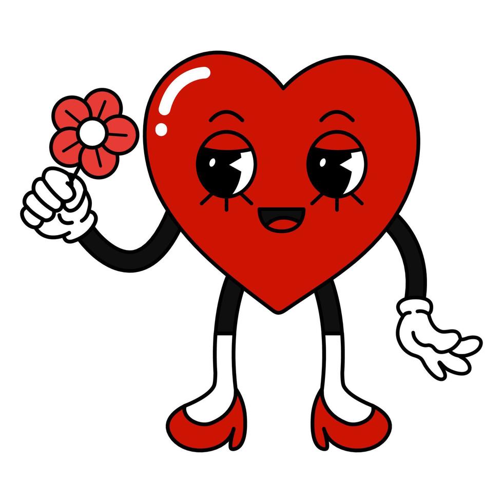 Heart character with flower in retro cartoon style. Valentines day concept. Flat vector illustrations on white background.