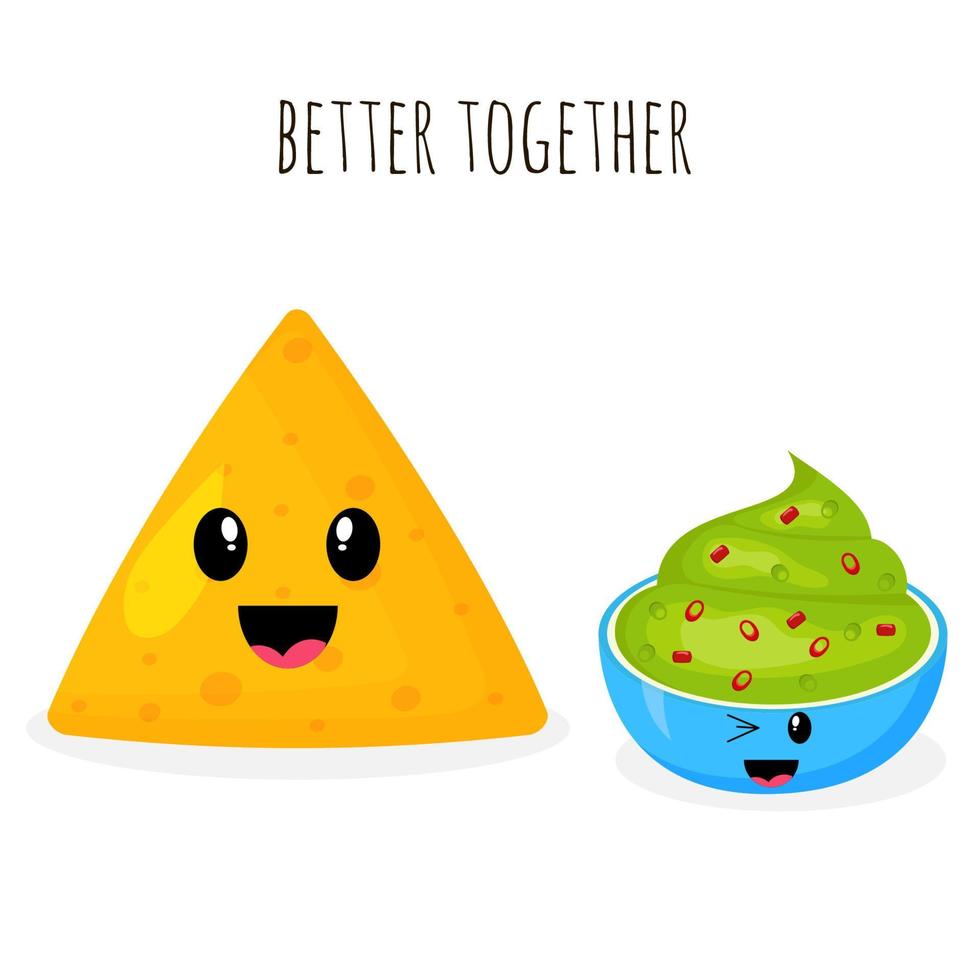 Cute kawaii guacamole sauce and nachos. Cartoon style vector illustration.