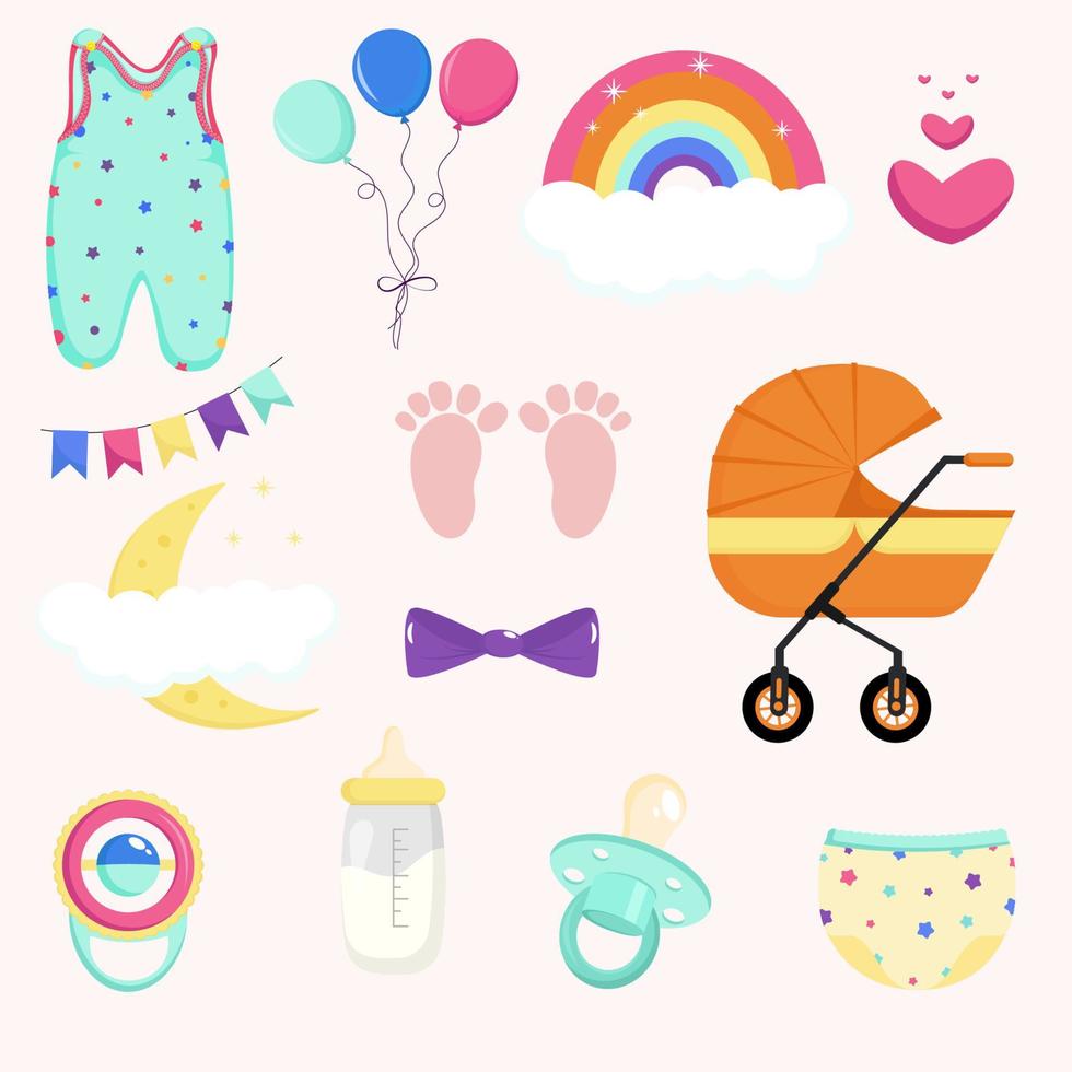 Stickers set for newborn. Baby shower elements. vector