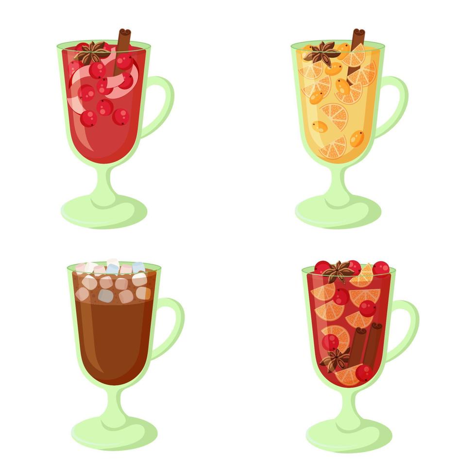 Winter hot drinks set in glass cup. vector