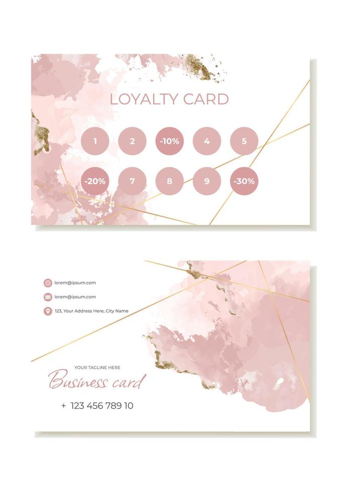 Client loyalty business card template on pink watercolor background. Suitable for the beauty industry. Vector