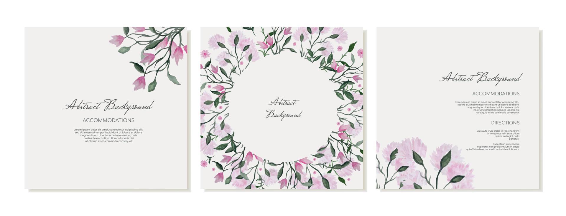 Abstract square background templates for social media, postcards with pink flowers and vegetation in watercolor style. Vector