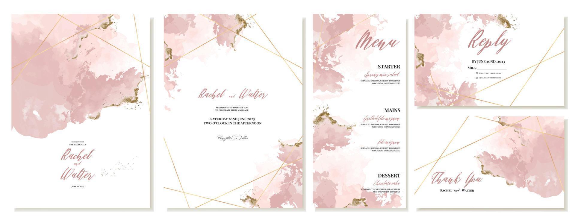 conjunto de Boda invitaciones en rosado acuarela antecedentes. vector modelo para boda, rsvp y menú