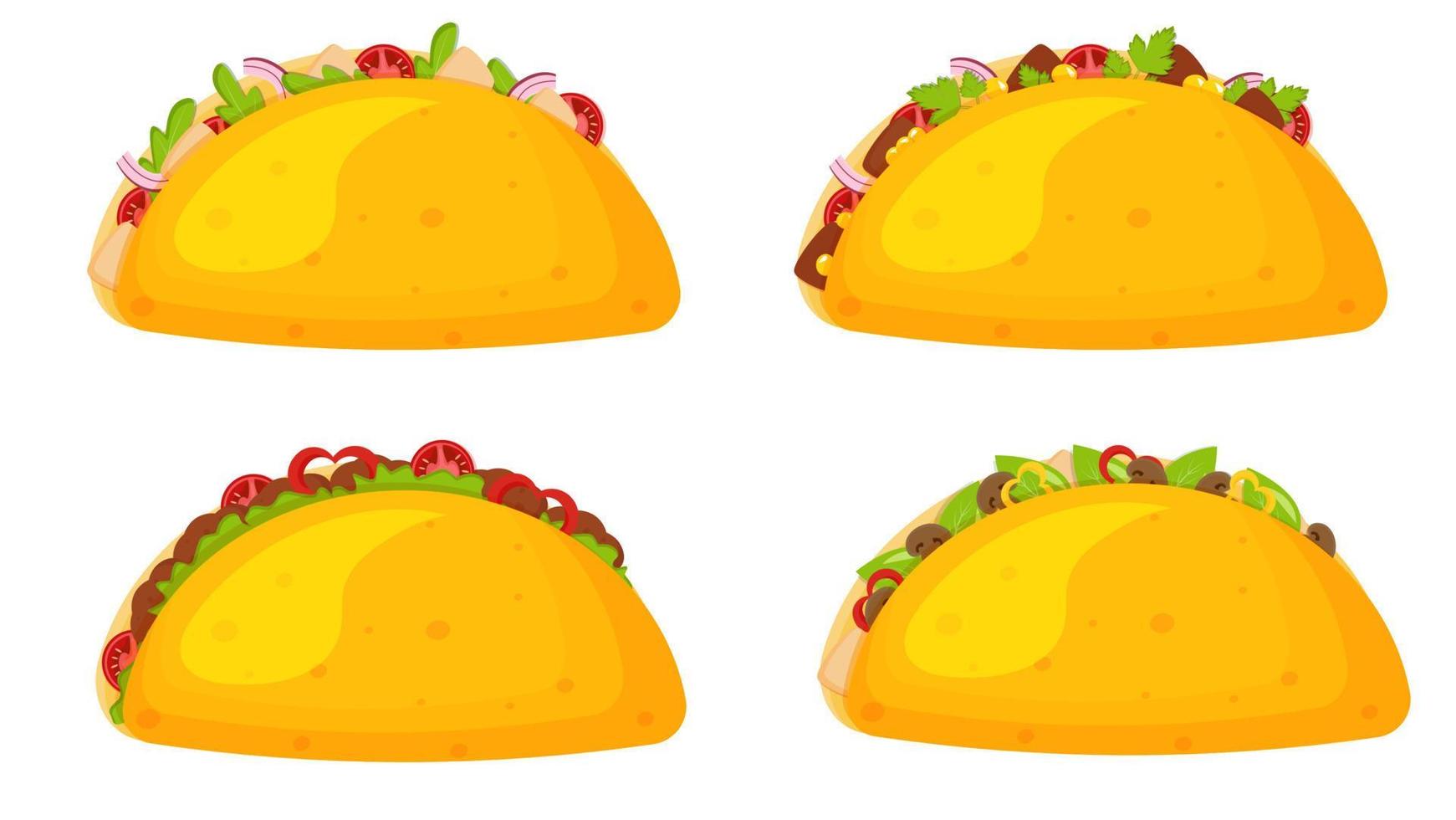 Mexican cuisine traditional dish tacos with different fillings set. vector