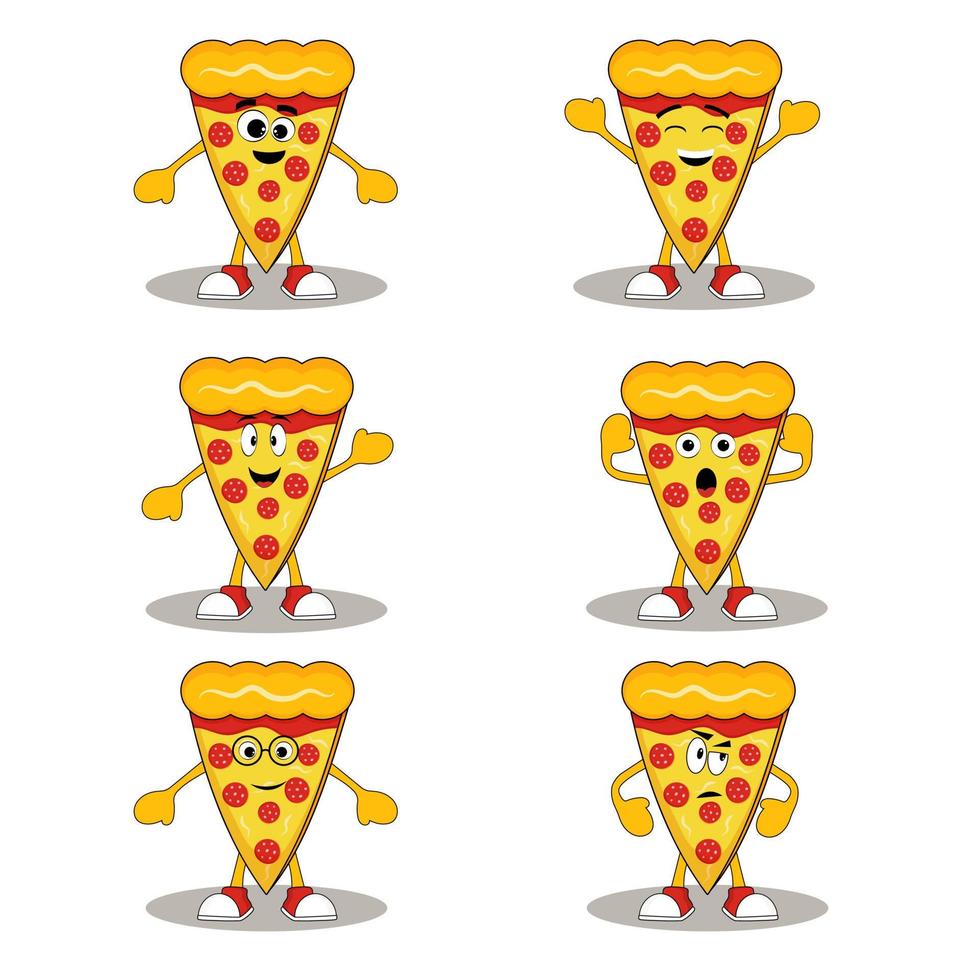 Cartoon pizza slice set with different type of emotions. vector