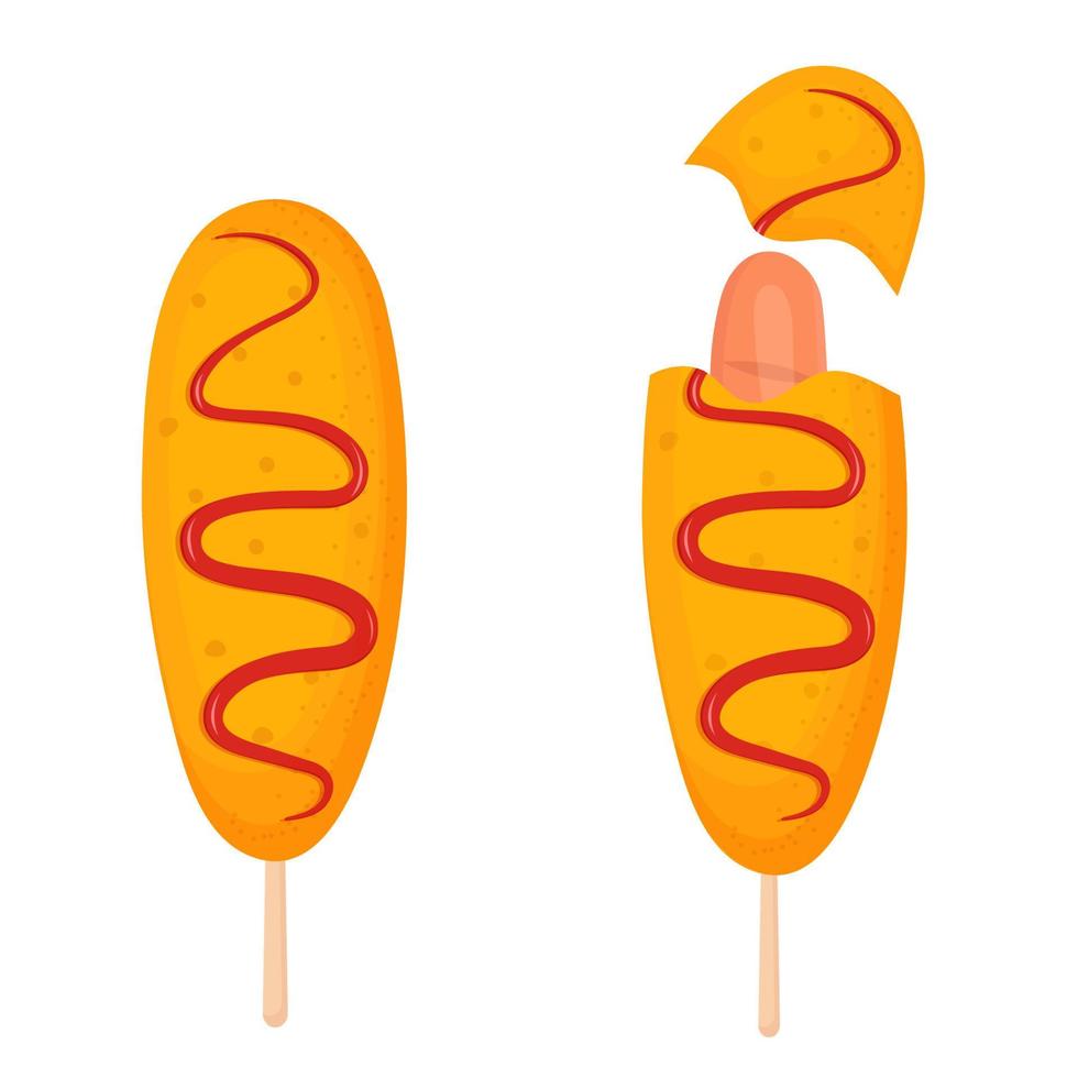 Korean street food corn dog with ketchup and sausage isolated on white background.Asian food. Vector illustration.