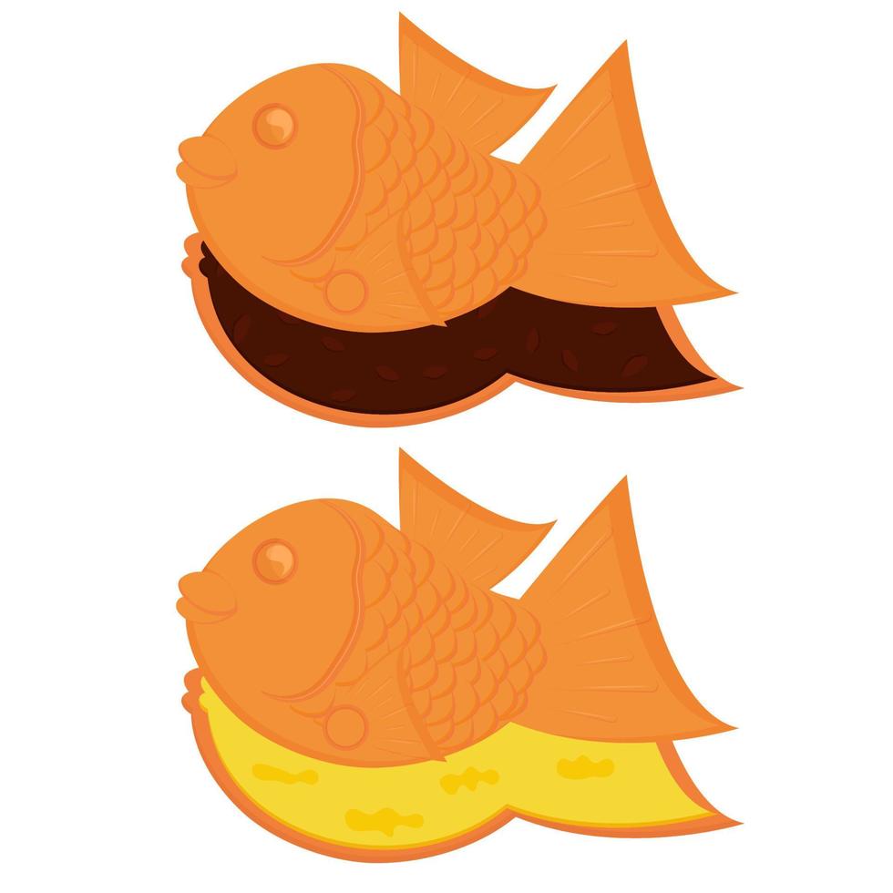 taiyaki pescado pastel. asiático calle comida con diferente rellenos dibujos animados estilo. vector