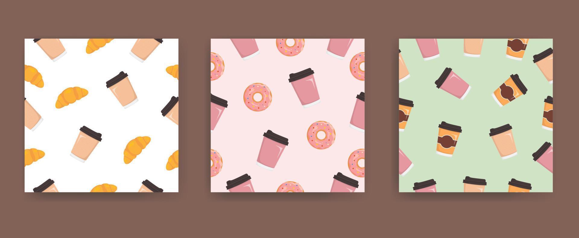 Seamless pattern collection with donuts and paper coffee cup. vector