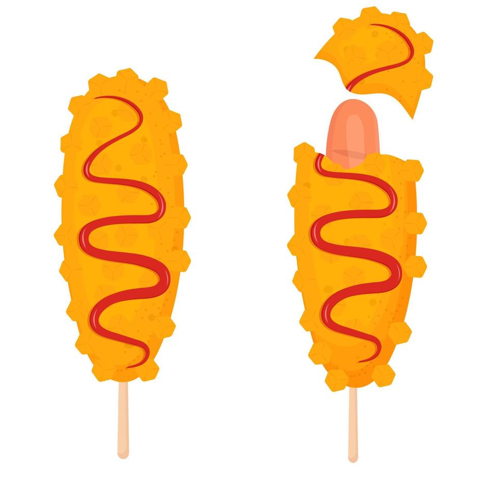 Corn dog with ketchup and sausage isolated on white background. Korean street food. vector