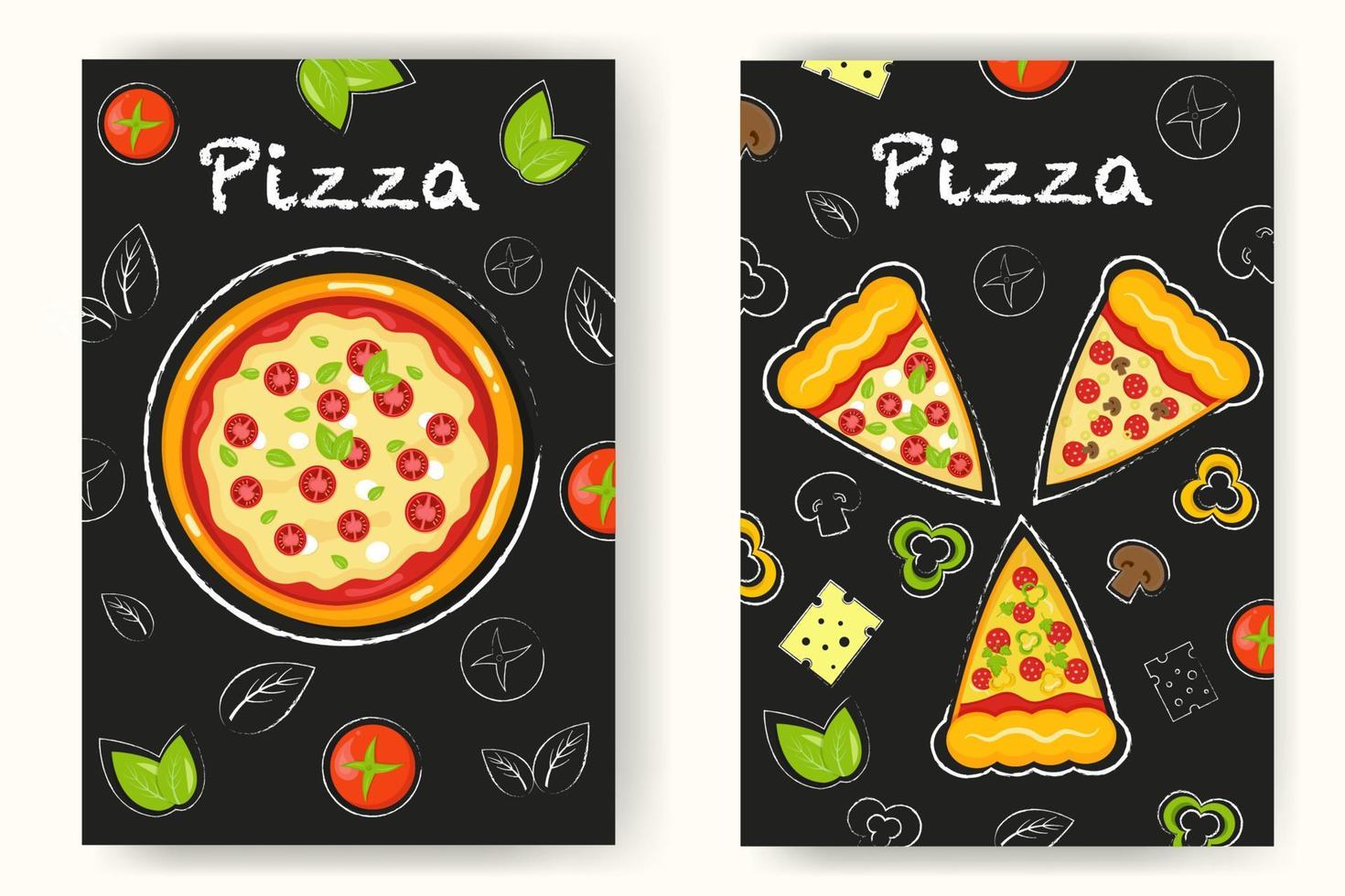 Banner with pizza and pizza slices on the dark background. vector