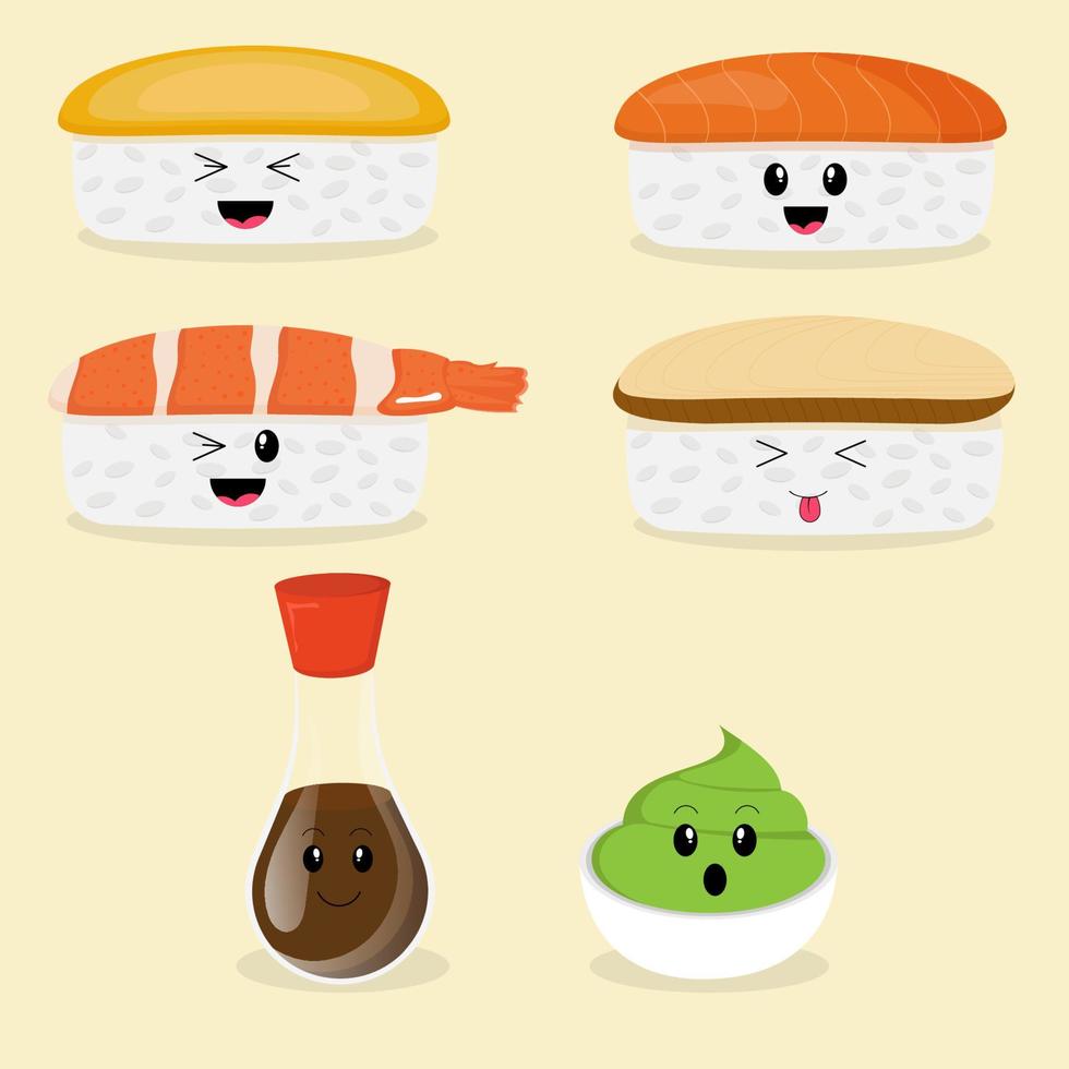 Sushi conjunto con kawaii emociones vector