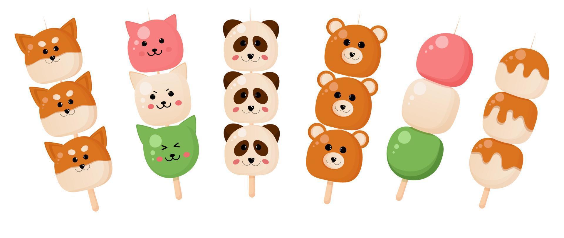 Japanese sweet , dango set in form of animals on the white background. Vector illustration.