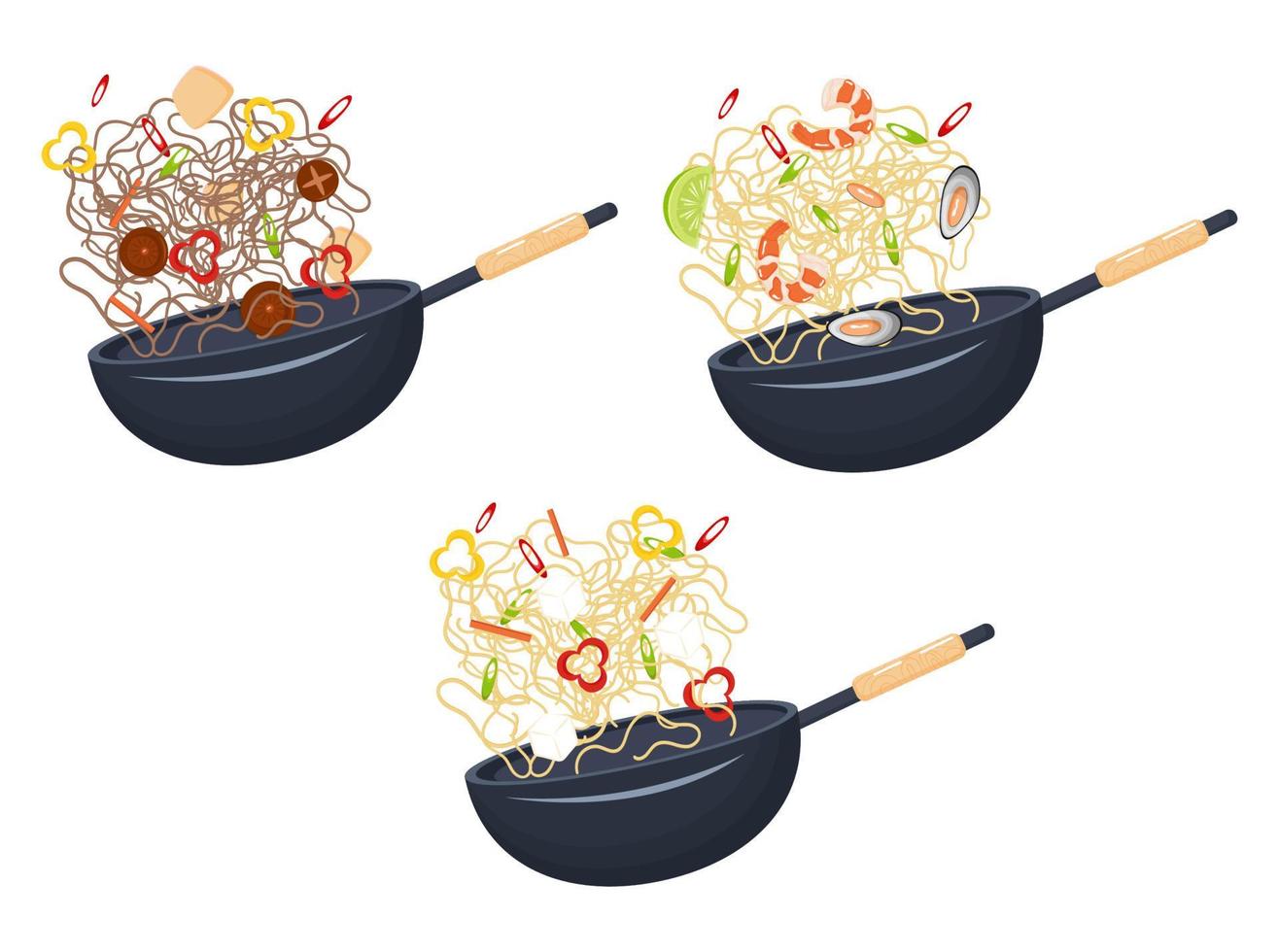 Chinese noodles with different fillings in wok pan. Vector illustration set.