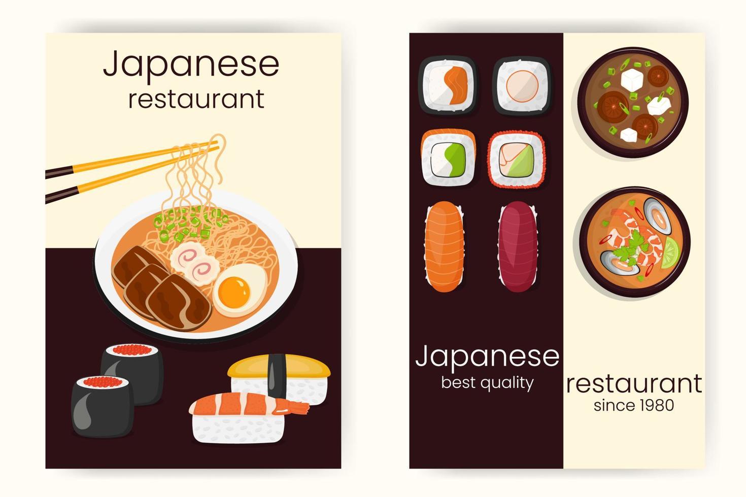 Japanese restaurant posters set with different food. Vector illustration.