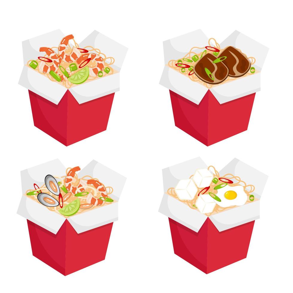 wok caja colocar. chino tallarines con diferente rellenos vector ilustración.