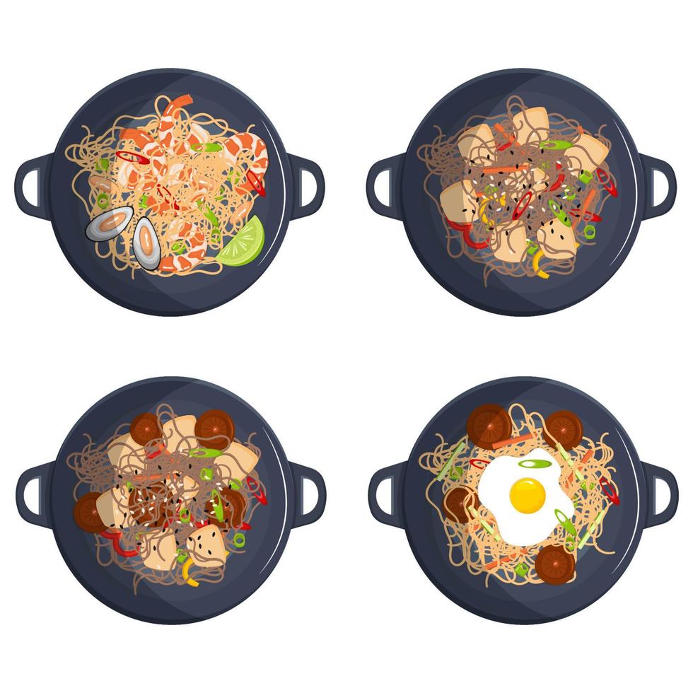 Chinese noodles with different fillings in wok pan. vector